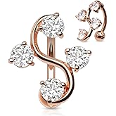 14GA Rose Gold Plated Stainless Steel CZ Crystal Gem Vine Top Down Reverse Belly Button Ring