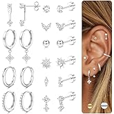 FUNRUN JEWELRY Hypoallergenic Flat Back Earrings for Women-14k Gold Plated Stainless Steel Helix & Cartilage Earrings Stacks,Dainty Hoop Stud Flatback Earring Sets for Multiple Piercing