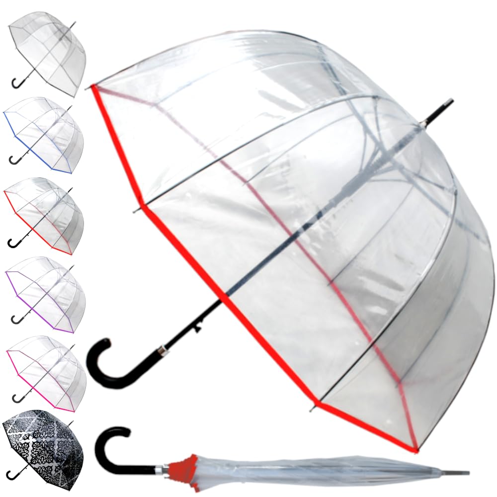 60MPH Rare Automatic Clear Umbrella - Windproof Dome Umbrella Strong - See Through Transparent Clear Plastic Canopy - Best for Visibility - Designer Fiberglass Men Women - Red Trim