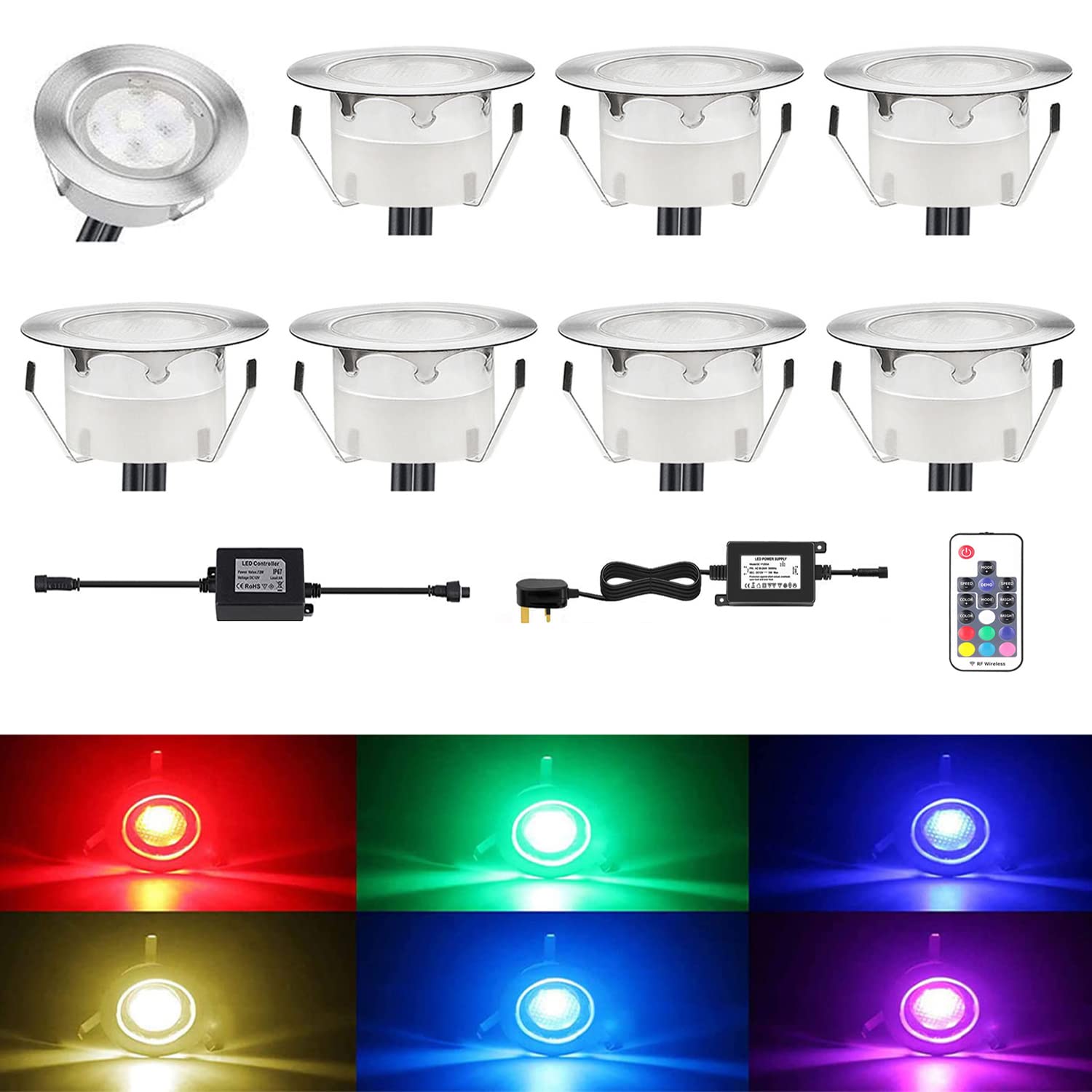 CISLAN Waterproof Plinth Deck Lights RGB Multi-Color 8 Pack IP67 Waterproof Indoor/Outdoor Decor Light with Remote Control High Brightness Buried Garden Light for Decking Lighting, Kitchen Plinths