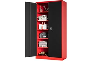 MIIIKO Metal Storage Cabinet with Locking Doors, 72" Tall Steel Cabinets with 5 Shelves, Red Garage Storage Cabinet Heavy Duty, 18" Deep Locker Cabinet for Office Pantry Workshops