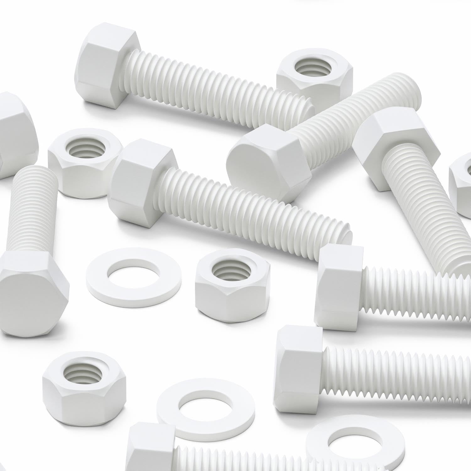 10x White Hex Head Screws Polypropylene (PP) Plastic Nuts and Bolts, Washers, M12 x 50mm,