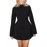YEXPINE Women's Mock Neck Long Sleeve A Line Mini Dress Elegant Party Tank Bodycon Short Dresses