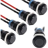 STARELO 5pcs 12mm Latching Push Button Switch Black Shell with pre-Wiring, IP65 Waterproof Push Button Switch,Aluminum Alloy 1 Normally Open Without LED.