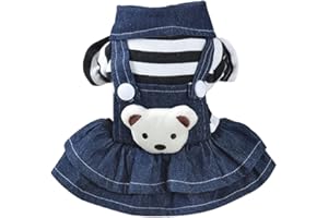 POPETPOP Lace Dress Girls Dresses Denim Dog Dress - Cute Red Stripe Plush Bear Pet Skirt, Pet Clothes for Small Medium Large Dogs Puppy, Pet Costumes (Blue and White) Pajama Dress