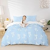 Erosebridal Cute Ribbon Bowknot Comforter Cover White Bows Duvet Cover Full Blue Princess Bedding Set for Kids Boys Girls Modern Simple Bow Knot Quilt Cover Bedroom Decor