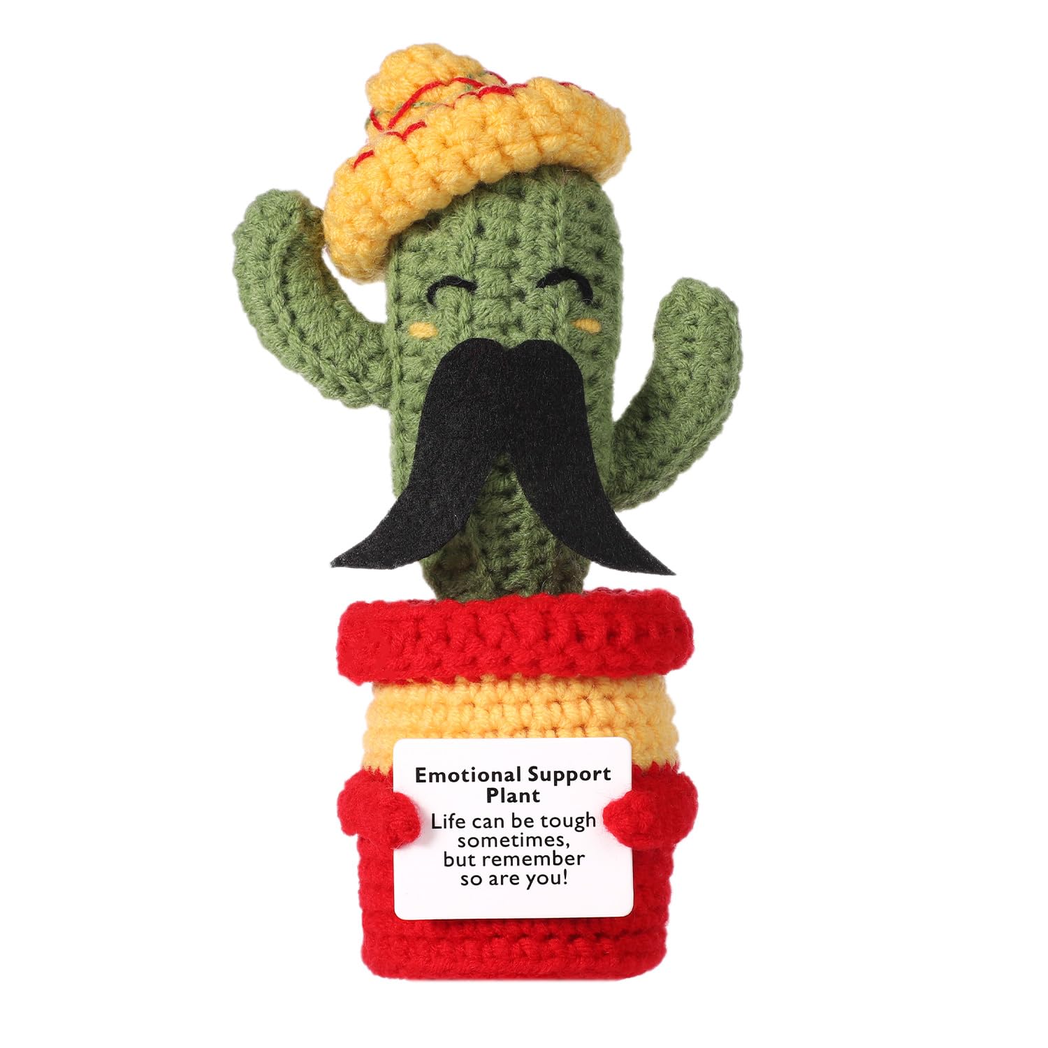 Funny Positive Cactus, 6.69 Inch Positive Life Potato Cactus Mustache Positive Knitted Cactus with Encouragement Card Wool Plant for Party Mexican Cinco de Mayo Fiesta Carnivals