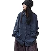 Women's Plus Size Linen Shirt Cotton Long Sleeve Button Down Blouse Loose Fit Casual Top with Pocket