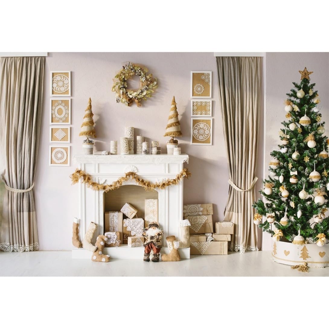 YongFoto 15x10ft Photography Backdrop Christmas Tree Gifts Fireplace Garland Socks Curtain Interior Photo Background Backdrops Photography Video Party Newborn Kids Baby Portrait Photo Studio Props