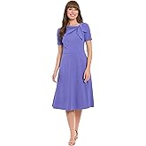 London Times Womens Women's Bow Neckline A-line Midi - Short Sleeve Evening Party Cocktail Dress