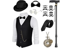 VillbeCoser 1920s Mens Vest Costume Roaring 20s Accessories, Foldable Metal Crutches Fedora Hat Halloween Party