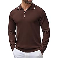 Picture of COOFANDY Men's Knit Polo Shirt Long Sleeve Casual Quarter Zip Sweater Polo Golf Shirts Classic Fit Striped Vintage Tee Brown