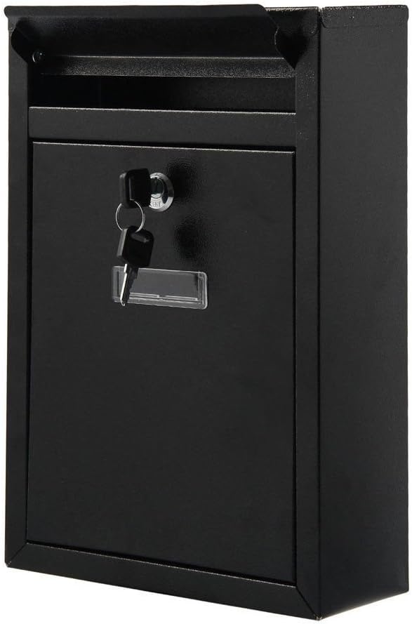 Black Secure Lock Steel Wall Mounted Letter Post Box with Two Keys and Name Panel – Lockable Weather and Rainproof Front Facing Letterbox with Outward Opening Letter Collection Mail Flap