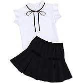 LIONJIE Girl's Skirt Sets 2 Piece Outfit Spring Summer Clothes Peter Pan Collar Tops Ruffle Mini Skirts with Bow 3-12Y