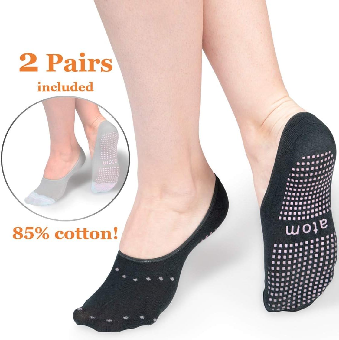 atom products Yoga Socks For Women - Non Slip - Cotton - Ideal for Barre, Yoga, Pilates, Dance, Gymnastics and Trampoline – also for Hospital use, Pregnancy and at Home - 2 Pairs