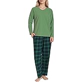 Latuza Women's Petite Pajama Set Petite Length V Neck Knit Top Flannel Pants