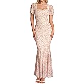 Parthea Womens Floral Mesh Square Neck Lace Ruffle Short Sleeve Dress Elegant Summer Wedding Guest Maxi Dress