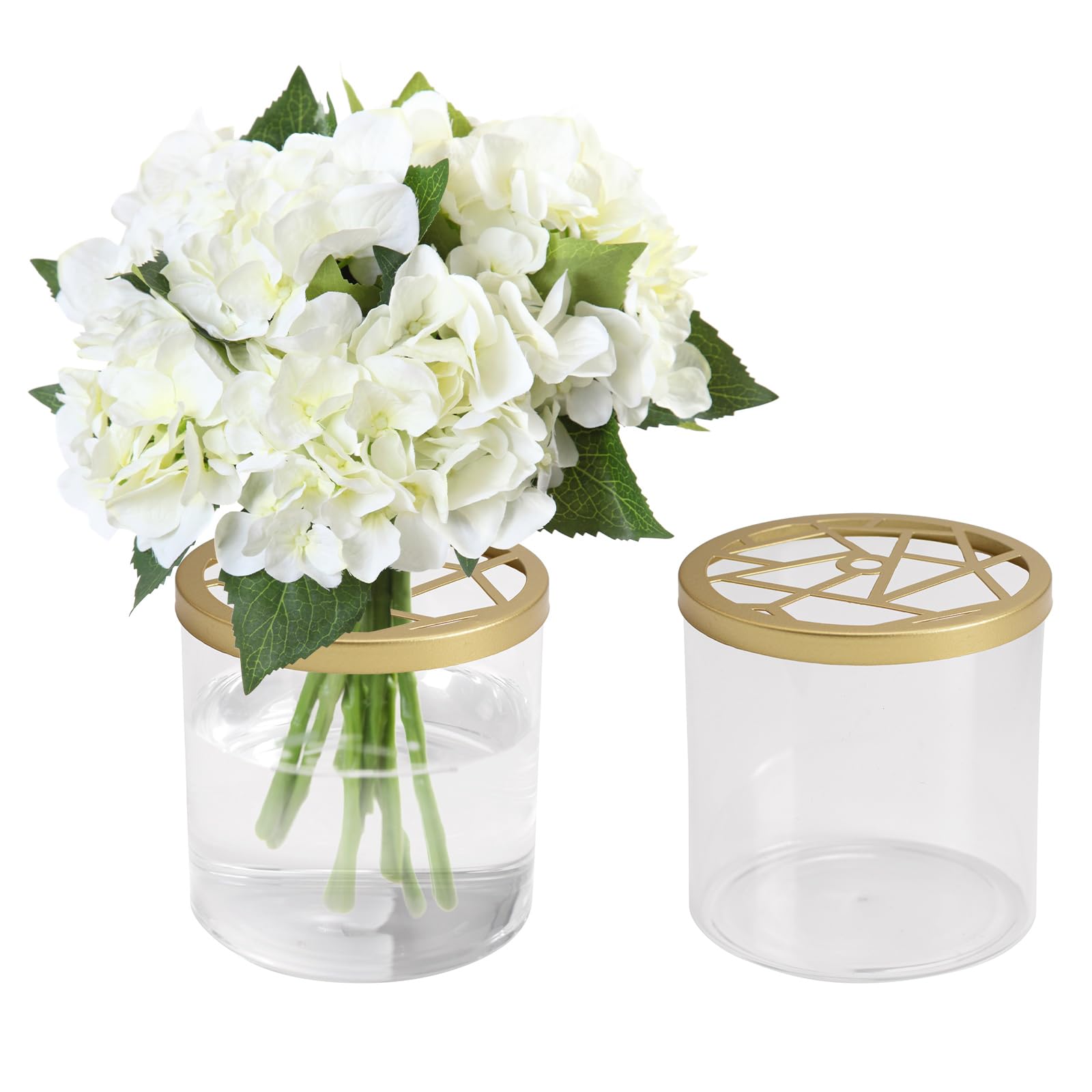 CRAFFANCY Glass Flower Vase with Decorative Stones, Flower Arranging Supplies Clear Glass Modern Flower Vase with Gold Meshed Cover for Office Home Decoration