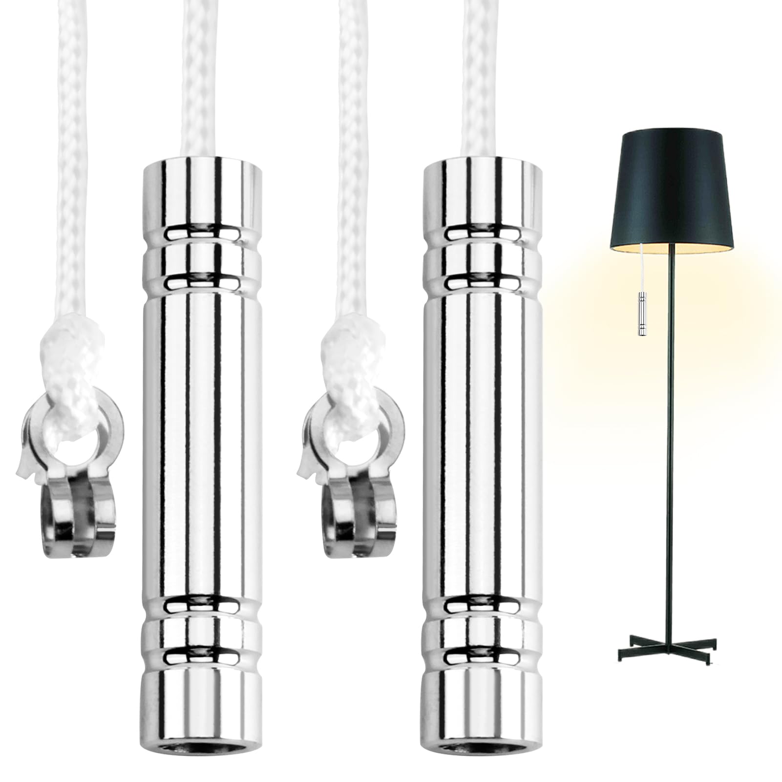 JUGCUT 2Pcs Light Pull Cord Handle for Bathroom, Cylindrical Pull Cord Handle with 150 cm White Pull Cord and Connector for Bathroom Toilet Light Ceiling Fan Switch Light Fixtures Chrome