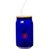 Silver Buffalo Marvel Spider-Man Spidey, Glass Tumbler, 16oz | Web Logo, Includes Bamboo Lid and Straw, Jar, 0.47 Liters