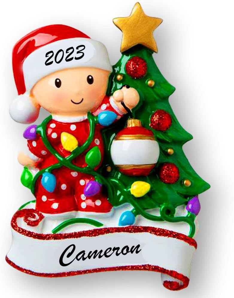 Ornaments - Personalized Baby Christmas Ornament - Red Girl or Boy in Pajamas with Christmas Tree Holiday Decoration - Baby's First Keepsake Ornament - Custom Name and Date