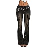 WDIRARA Women's Y2K Grunge Raw Trim Flare Jeans Vintage Punk Buckle Low Rise Bootcut Denim Pants