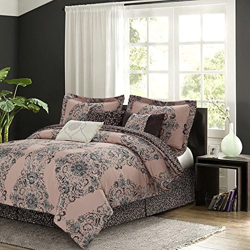7 Piece Blush Oriental Medallion Design Reversible Comforter Set Queen Size, Exotic Graphic Wild Floral Emblems Bedding, Earthy Reverse Botanical Leafs Motif, Rustic Nature Lovers Theme, Brown, Pink