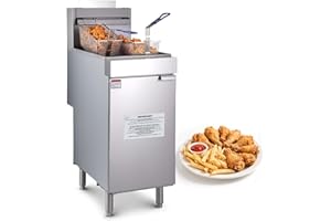 VEVOR Commercial Deep Fryer, 3-Burner Fryer for Restaurants, Stainless Steel Floor Standing Deep Fryers with Dual Baskets and Adjustable Temperature, Natural Gas Powered, 40 lbs Capacity, 90,000 BTU