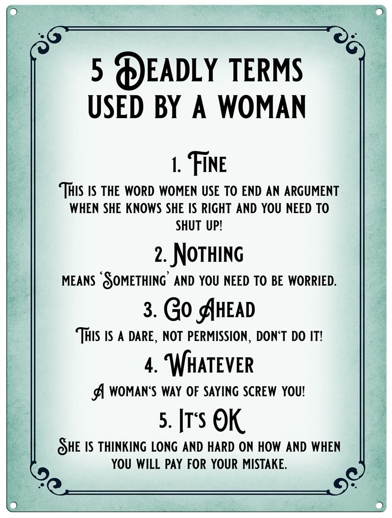 Small (150 x 200mm) Metal Sign - 5 Deadly Terms by a Woman