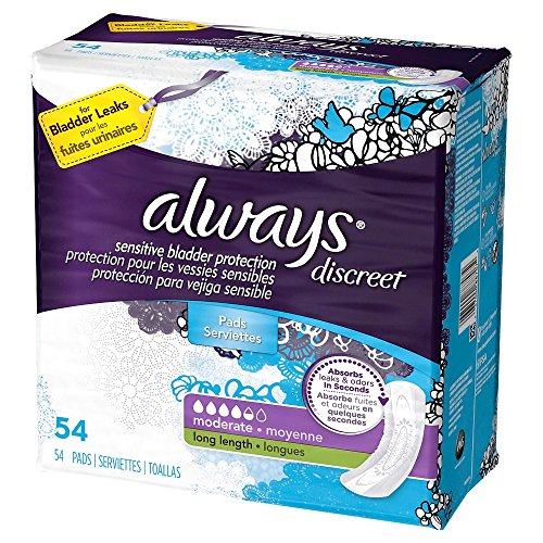 Always Discreet, Incontinence Pads, Moderate, Long Length, 54 Count (Packaging May vary)