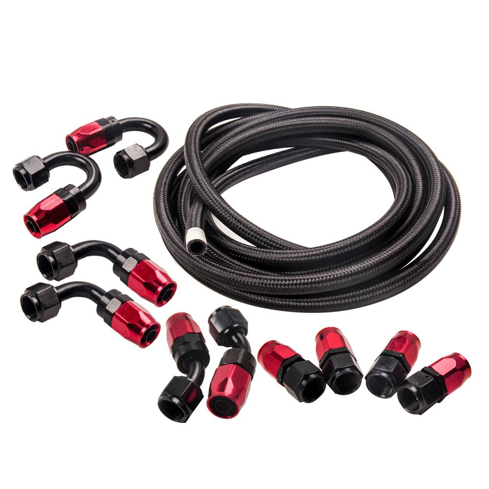 8AN AN-8 Fitting Stainless Steel Nylon Braided Oil Fuel Hose Line 16FT Kit Red