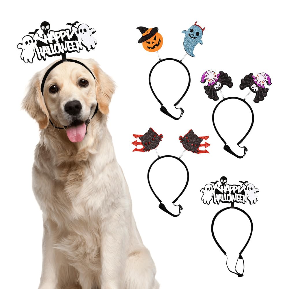 Geluode Dog Halloween Headband,Halloween Hair Hoops 4 PCS,Ghost Spider Witch Cat Trident Pumpkin Hairbands Dog Accessories Pet Headpiece For Halloween Party Dog Fancy Dress Costume Cosplay