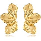 FAUTHENTICUTE Chunky Gold Statement Earrings For Women Gold Plated Sectored Flower Leaf Shell Angel Wing Earrings Trendy Boho Jewelry For Women Large Stud Earrings Hypoallergenic Earrings
