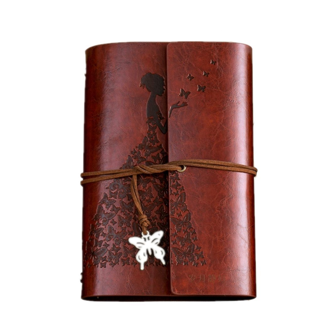 2017 Vintage Butterfly and The Princess Leather Notebook Writing Books Journal Diary PU Cover Ring Binder for Men Women A6(Brown)