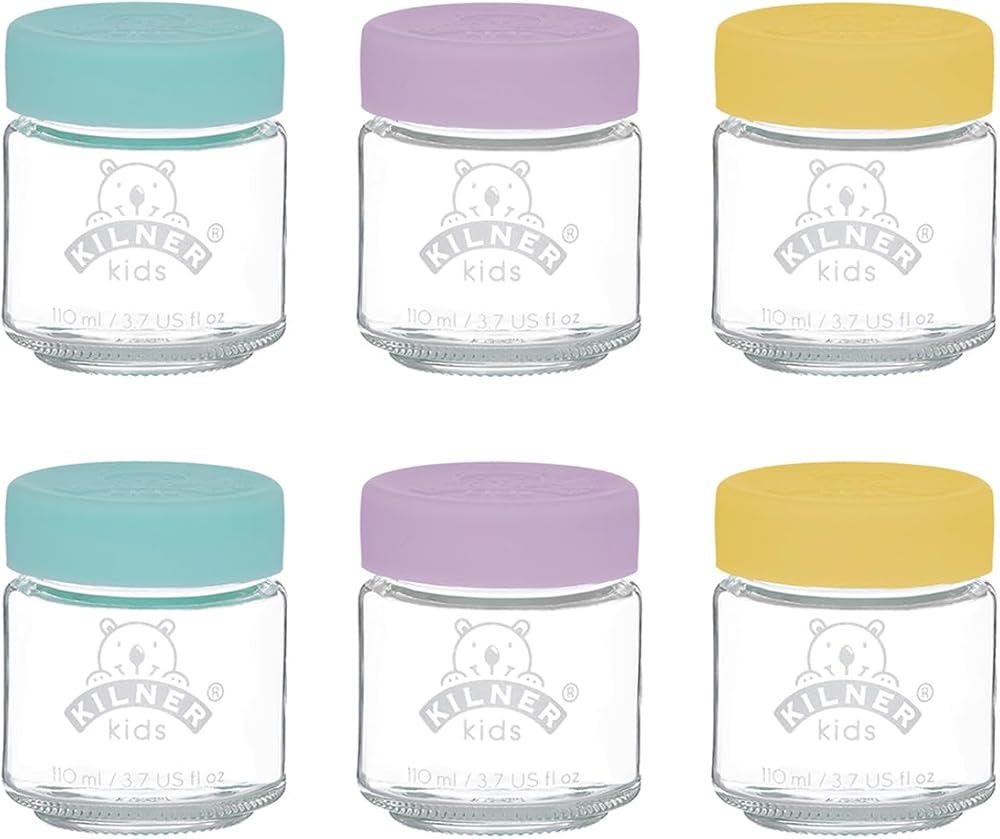 Kilner Kids Glass Baby Food Jars 6x110ml with Airtight Lids Purple Yellow