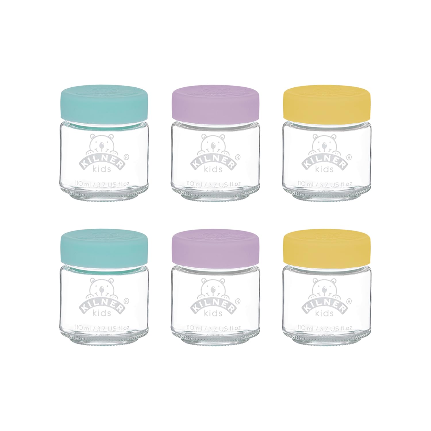 Kilner Kids Glass Baby Food Jars Set of 6x 110ml Reusable Jars with Airtight Silicone Lids in Purple, Yellow, and Turquoise Ideal for Homemade Purees, Batch Cooking and Portable Storage