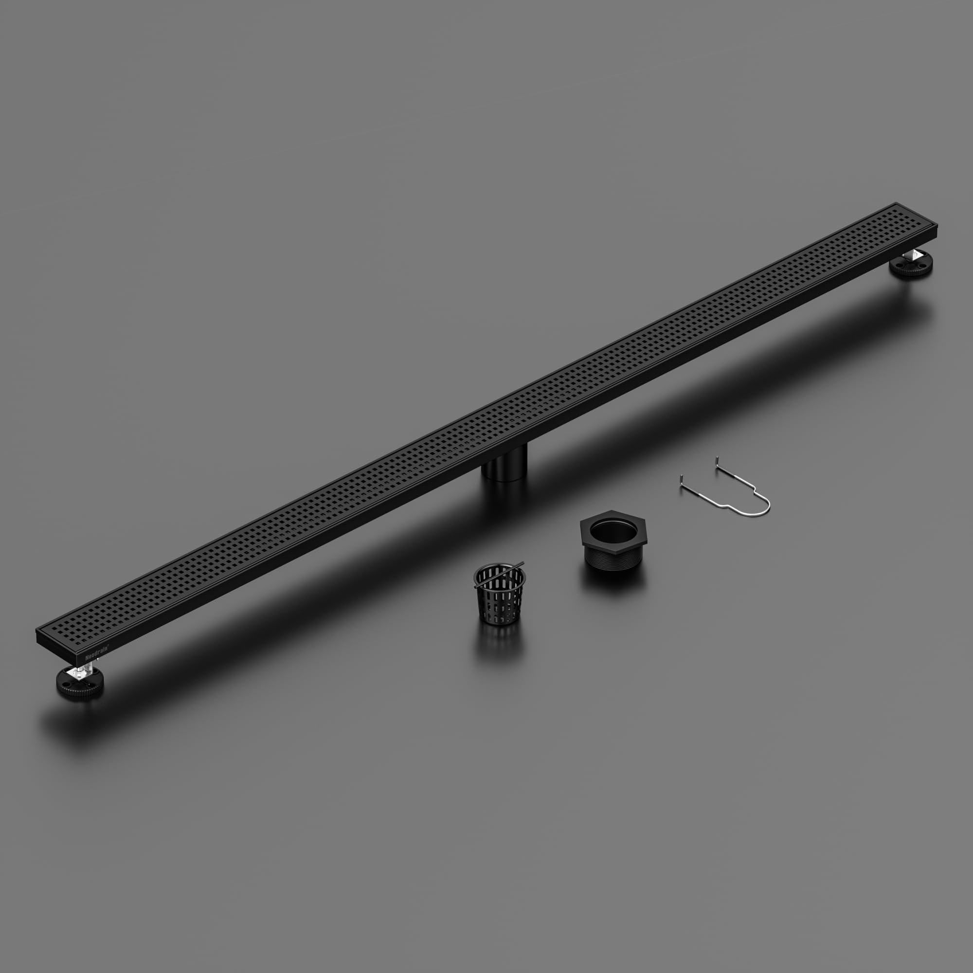 Photo 1 of Neodrain 72-Inch Black Linear Shower Drain with Removable Quadrato Pattern Grate,Professional 304 Stainless Steel Rectangle Shower Floor Drain Manufacturer,Leveling Feet,Hair Strainer,Matte Black