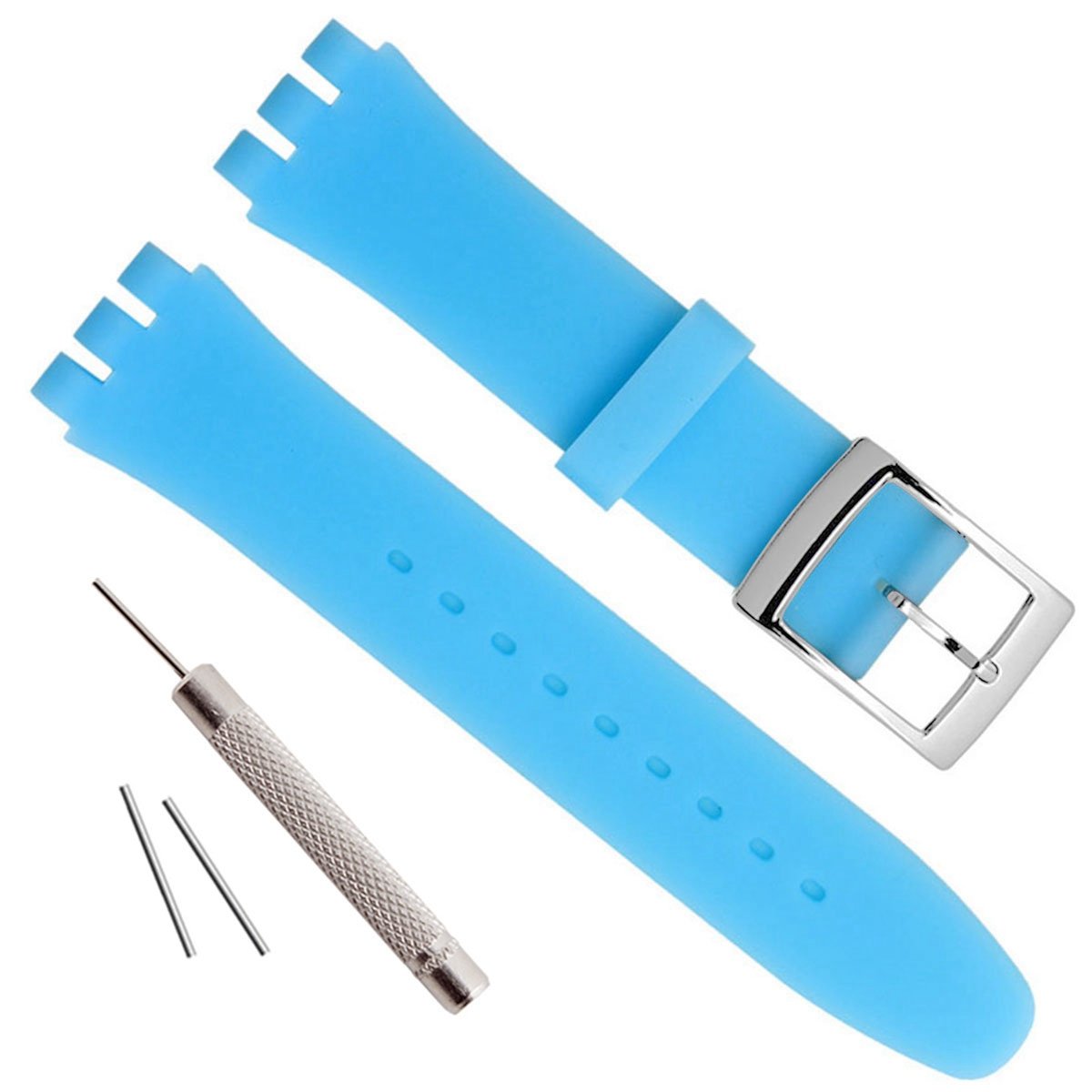 Silver Plated Stainless Steel Buckle Waterproof Silicone Rubber Watch Strap Watch Band (19mm, Light Blue)