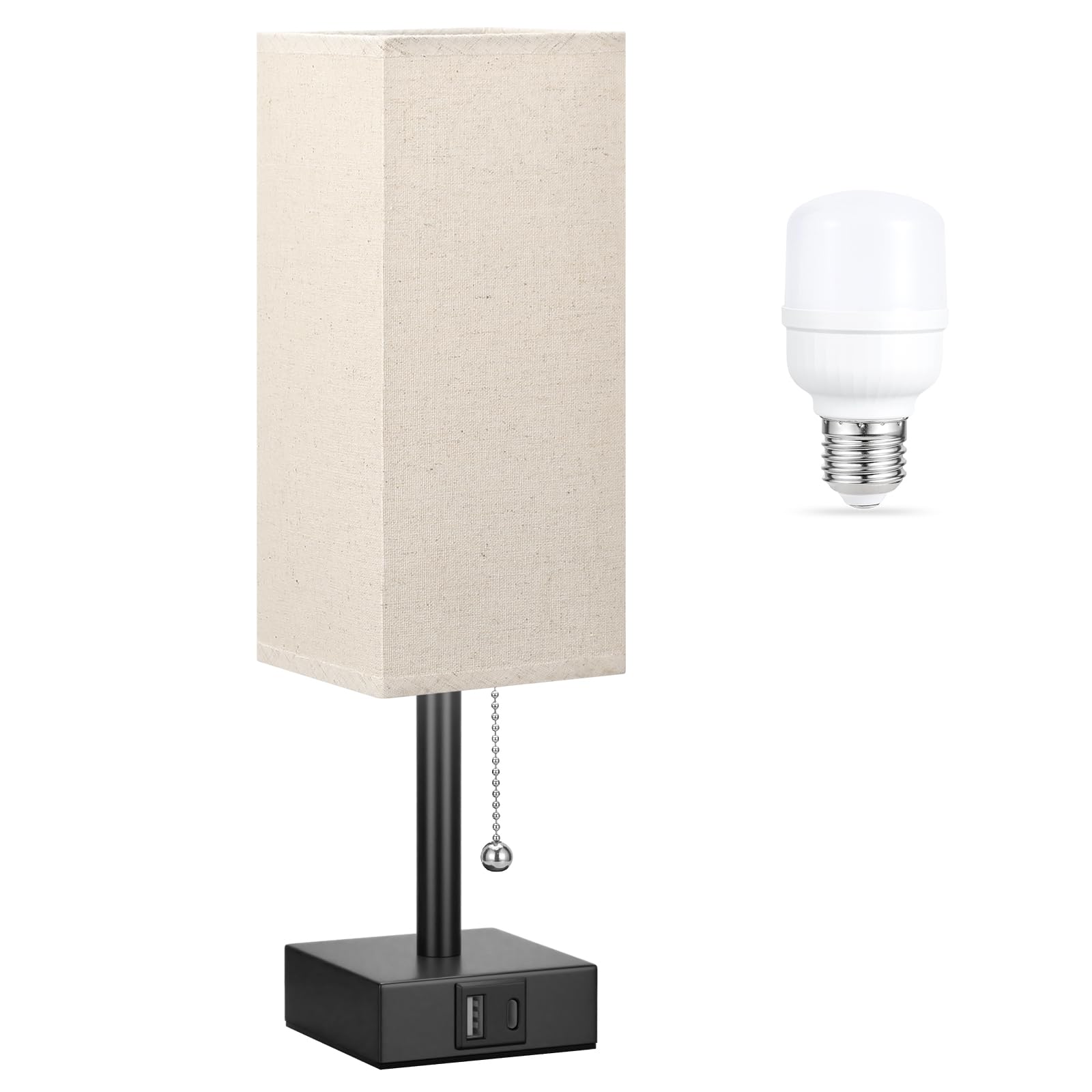 Photo 1 of Small Linen Bedroom Lamp - 3 Color Temperature 3000K 5000K 4000K Bedside Lamp, Pull Chain Control, USB A and C Charging Ports, Black Base, for Kids Office Dorm, Bulb Included