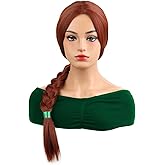 MAGQOO Women Girls Princess Long Reddish Brown Braided Wig with Green Ribbon Cosplay Party Wig