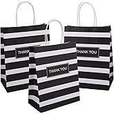 Ronvir 50Pcs Thank You Gift Bags With Handles,8 x 4.75 x 10.5 Inch Strip Kraft Paper Bags With Handles Bulk for Party Favors,Birthday, Baby Shower, Halloween, Christmas, Thanksgiving, Busiess - Black