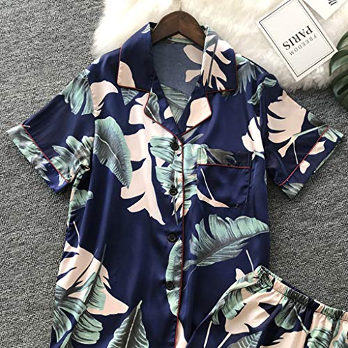 Women Simulation Silk Printing Pattern Pajamas Short Sleeve Sleepwear V Neck Nightwear Set Navy - Thumbnail 2