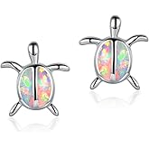 Turtle Stud Earrings for Women 18K White Gold Plated Created Opal Birthstone Gemstone Earings Cute Hypoallergenic Jewelry Birthday Gifts