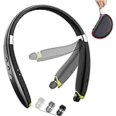 BEARTWO Bluetooth Headphones, Upgraded Foldable Wireless Neckband Headset with Retractable Earbuds, Noise Cancelling Stereo Earphones with Mic for Workout, Running, Driving (with Carry Case)