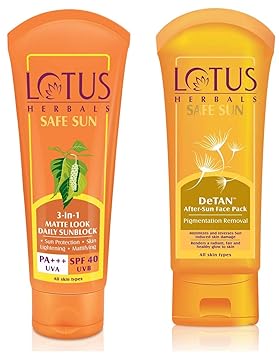 Lotus Herbals Safe Sun 3-In-1 Matte Look Daily Sunblock, SPF 40, 100g & Herbals Safe Sun De-Tan After Sun Face Pack, 100g Combo
