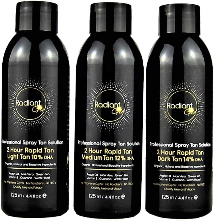 Spray Tan Solution - Radiant Glo - 2 Hour Rapid Formula - 3 x 125ml SAMPLE PACK 10% Light 12% Medium 14% Dark - Organic Moroccan Argan Oil - Vegan - Australian Beautiful Glow Tanner - PETA Approved