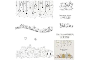 THREETOLS Happy New Year Christmas Clear Stamps, Five Cat Star Snowflake Greeting Sentiments Words Clear Rubber Stamps for Card Making Christmas Decoration and DIY Scrapbooking