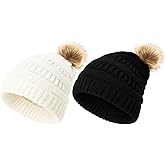 Chicingyou Knitted Beanie Hat with Faux Fur Pom Couple Winter Warm Skull Cap Knit Beanie Soft Ski Cap for Women Men