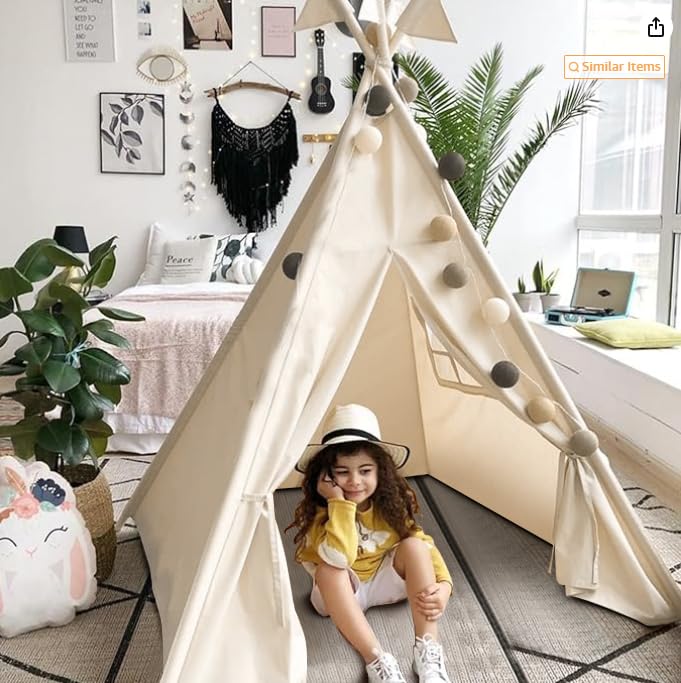 RONGFA Teepee Tent for Kids - Portable Indoor/Outdoor Play Tent, 48x48x56 inches, White, Cotton, Model B41