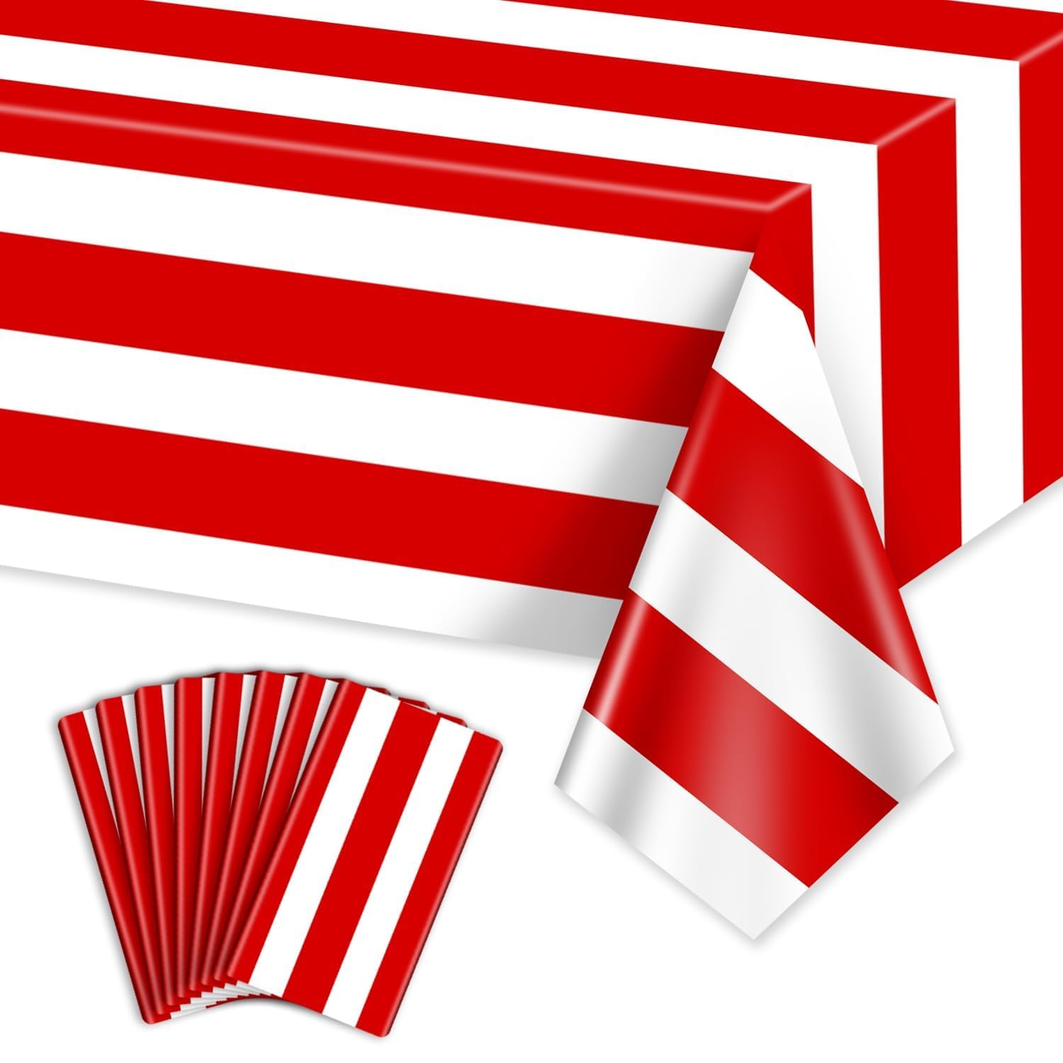 PIXHOTUL 8 Pcs Red and White Striped Vertical Tablecloths, Carnival Tablecover Plastic Disposable Red Stripes Table Cloths for Carnival Theme Party, Movie Night, Birthday, Holiday Party, 220x130cm
